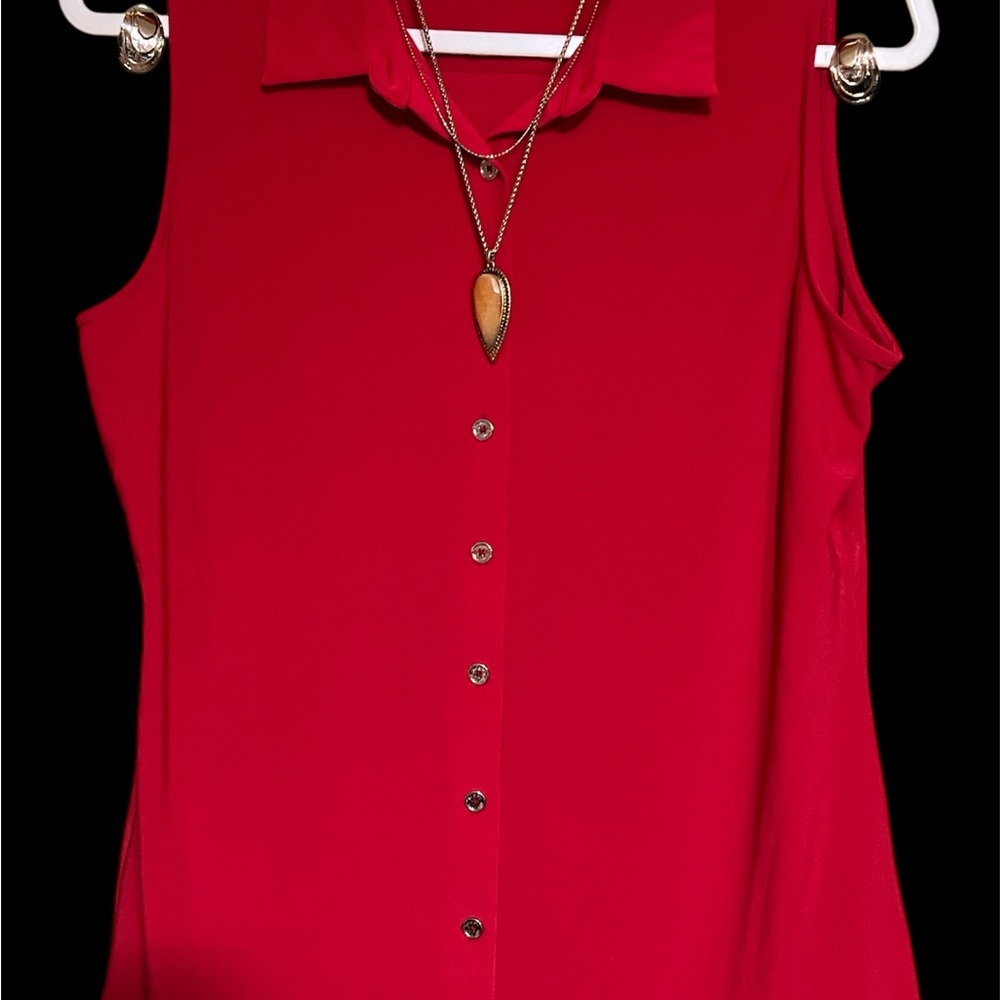Red Sleeveless Button-Up Blouse